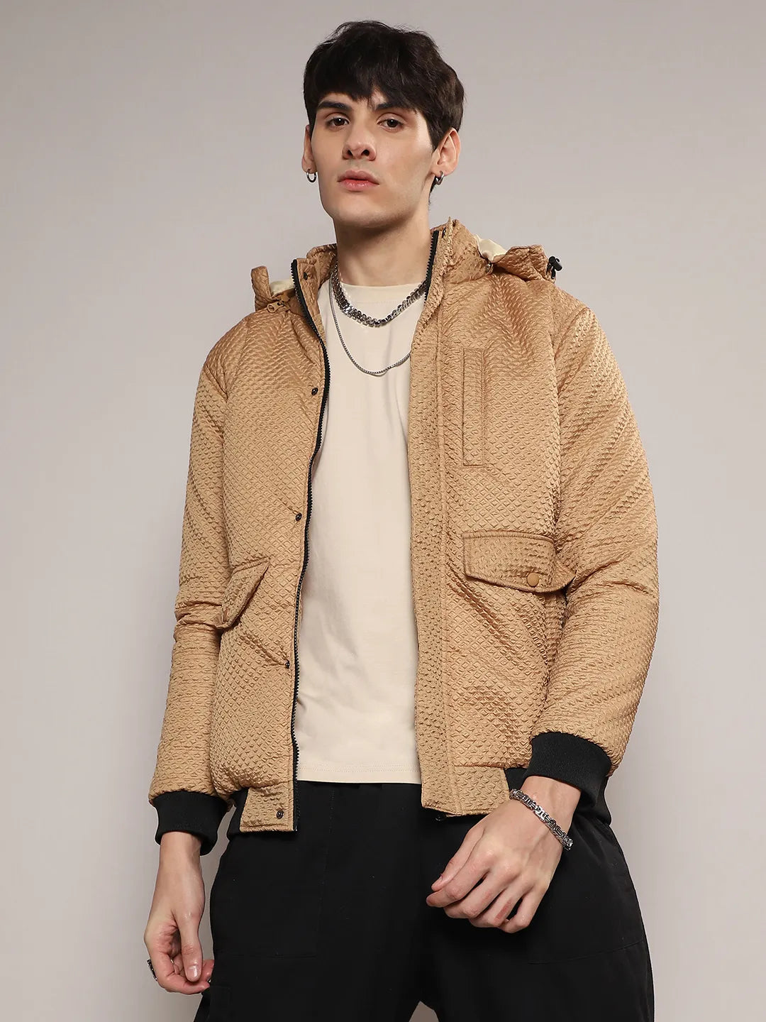 Self-Design Diamond Puffer Jacket With Fleece Hood