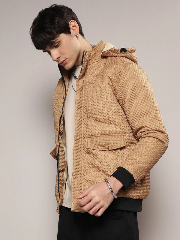 Self-Design Diamond Puffer Jacket With Fleece Hood