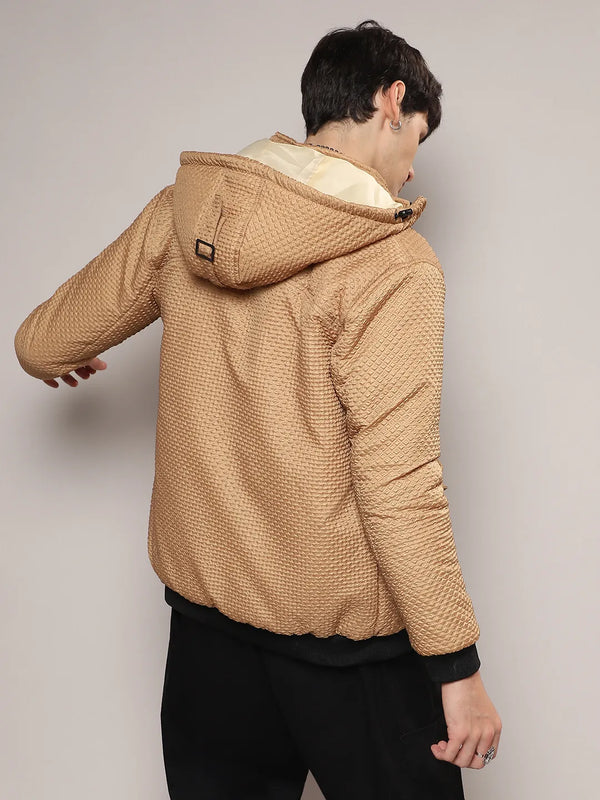 Self-Design Diamond Puffer Jacket With Fleece Hood