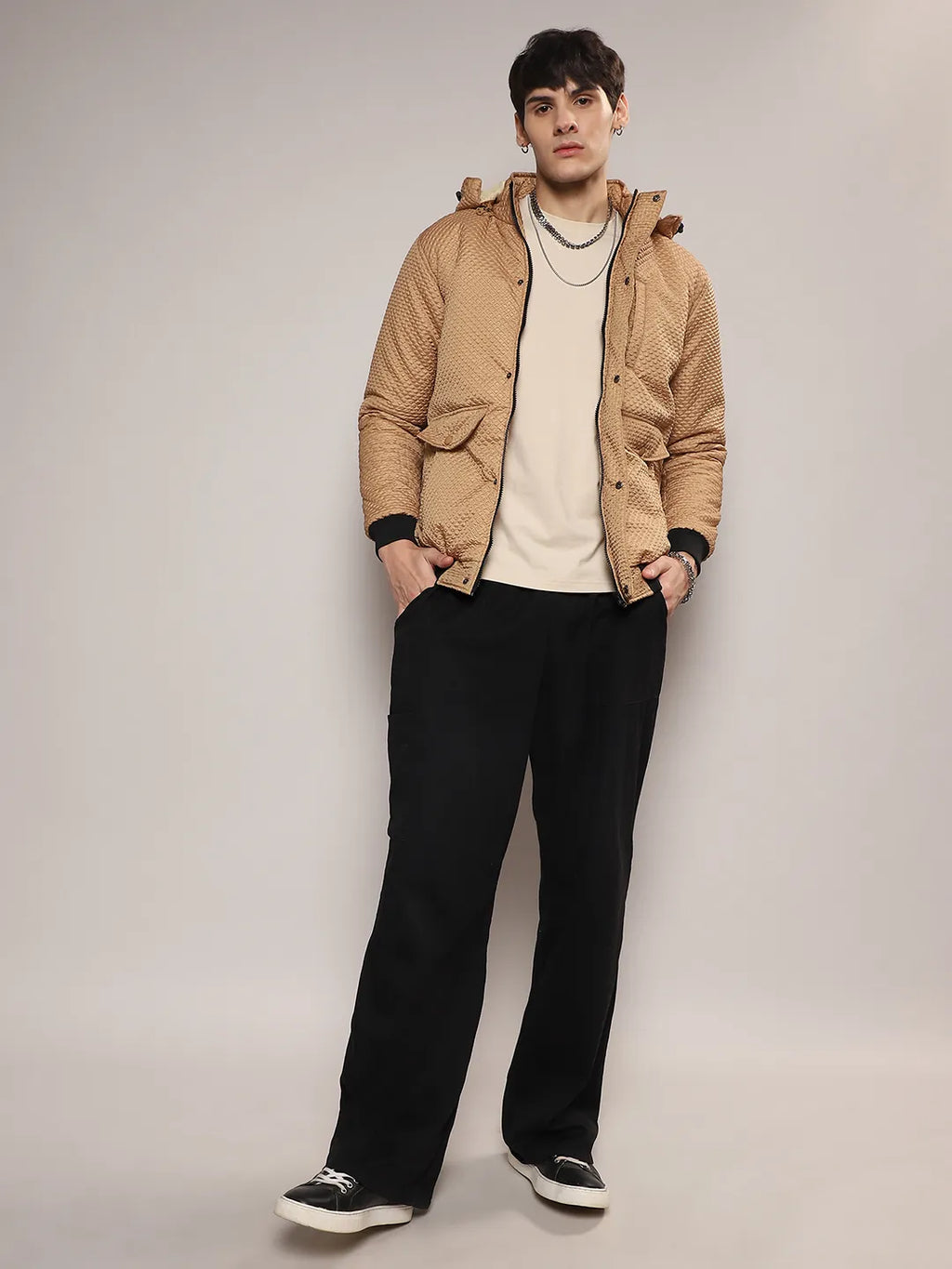 Self-Design Diamond Puffer Jacket With Fleece Hood