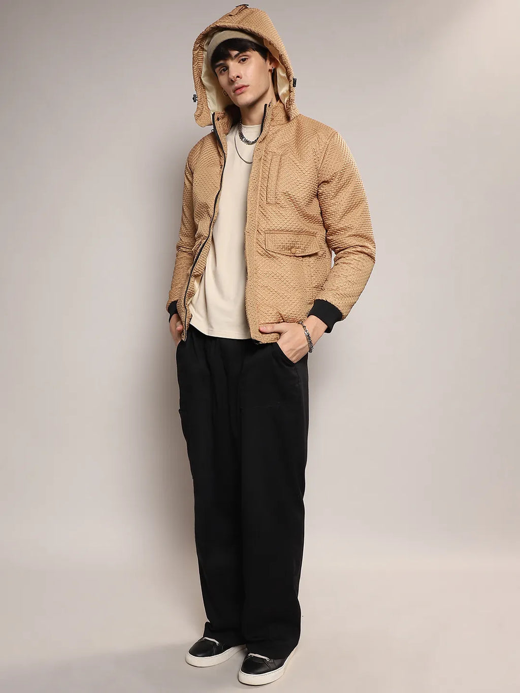 Self-Design Diamond Puffer Jacket With Fleece Hood