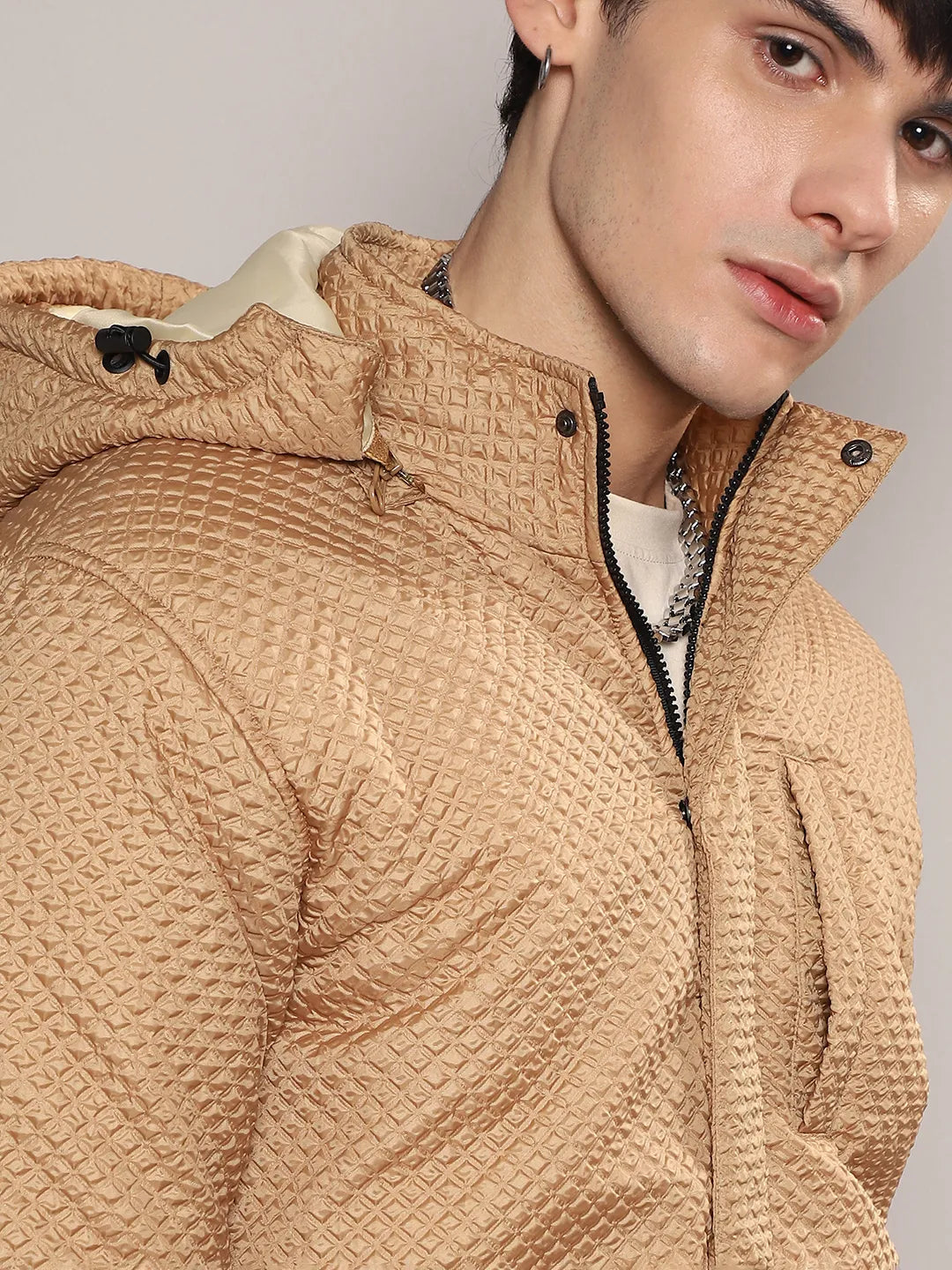 Self-Design Diamond Puffer Jacket With Fleece Hood