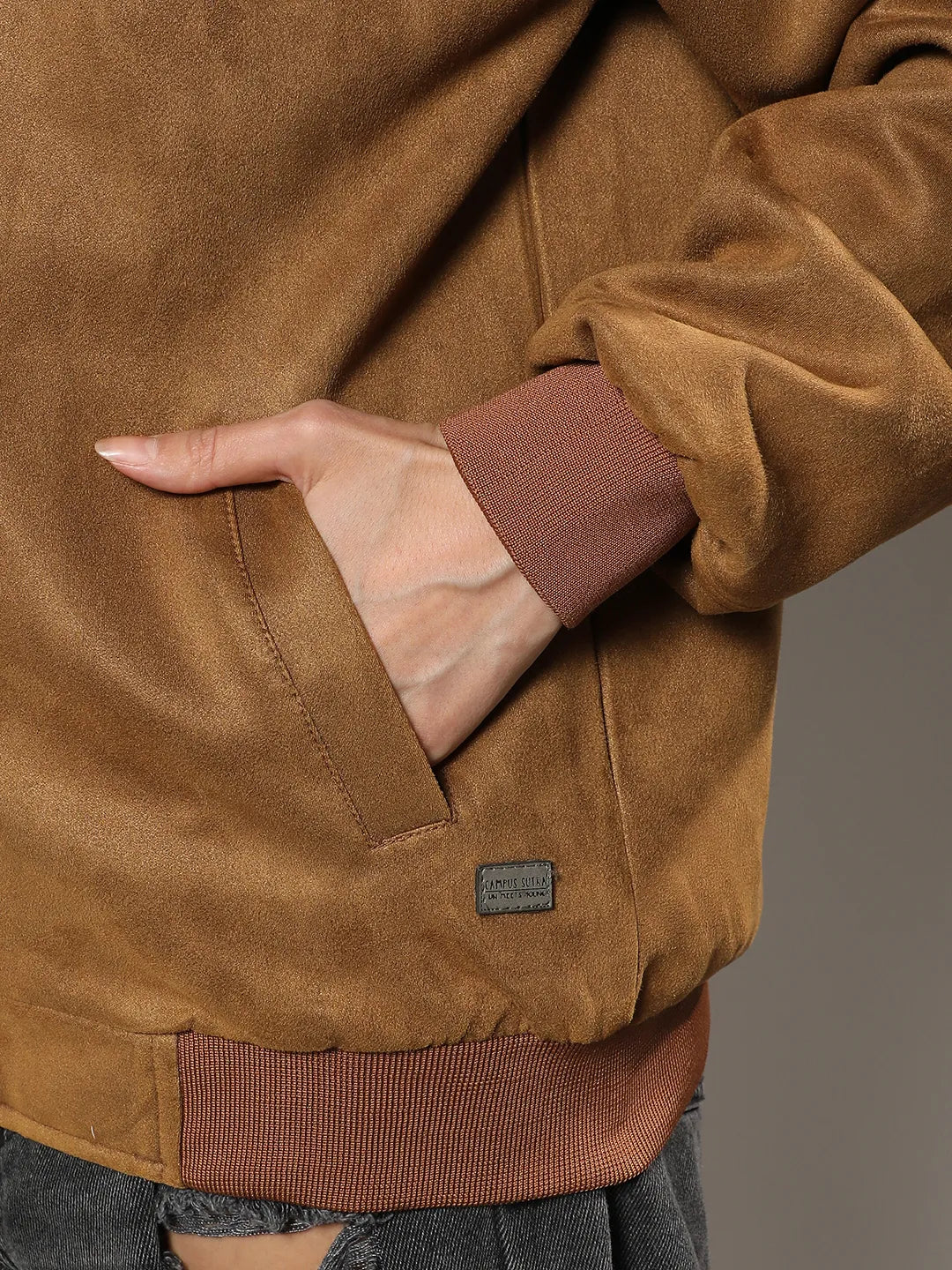 Men Brown Zip-Front Jacket With Fleece Detail