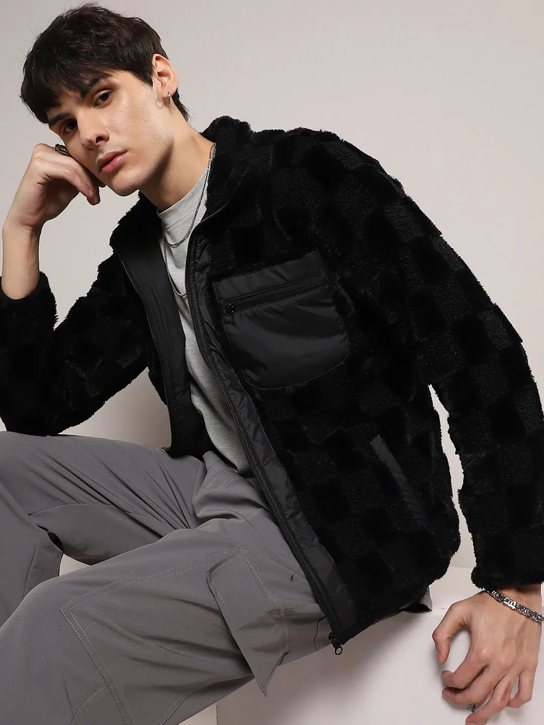 Fleece Buffalo Check Puffer Jacket