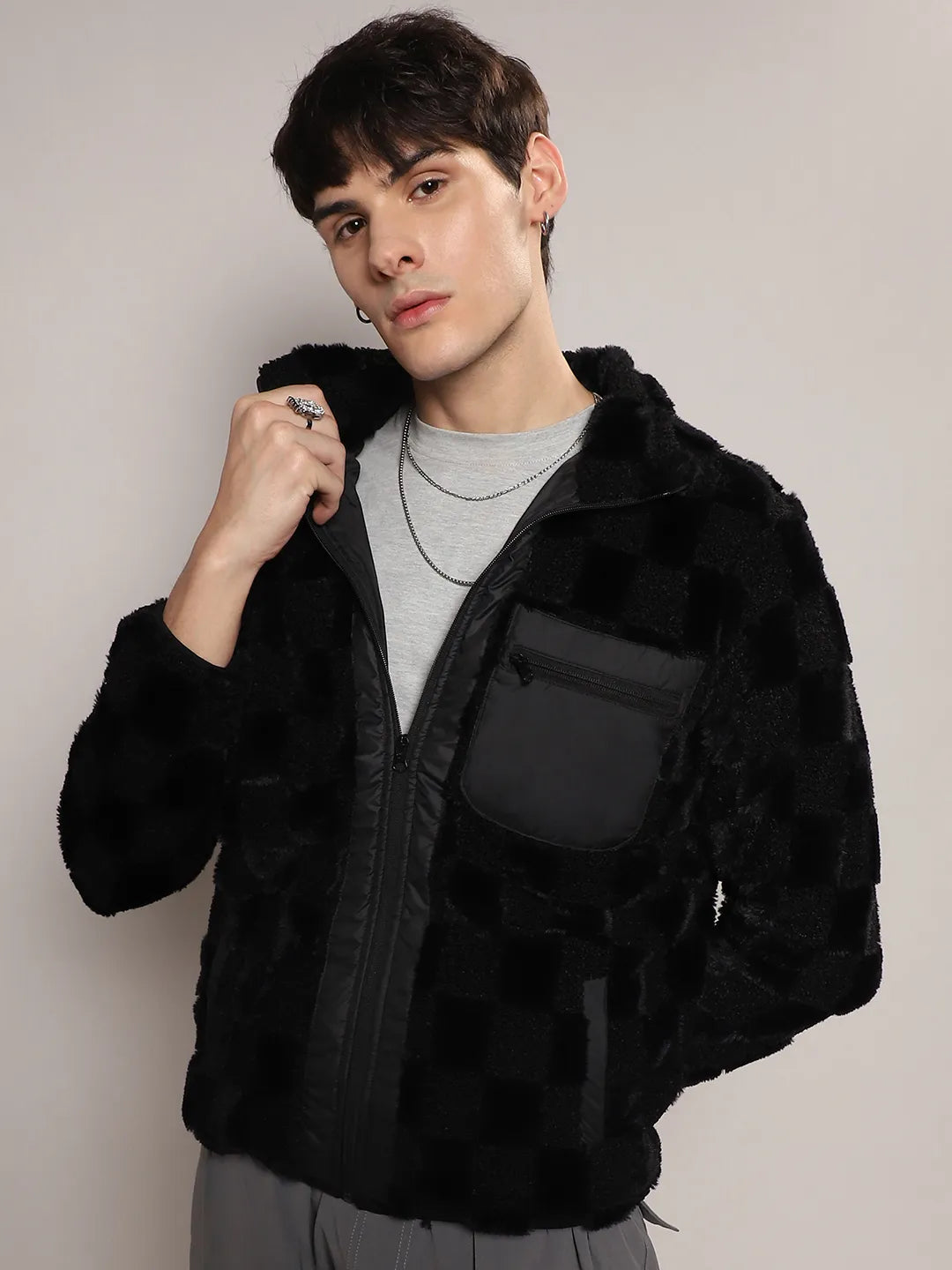 Fleece Buffalo Check Puffer Jacket