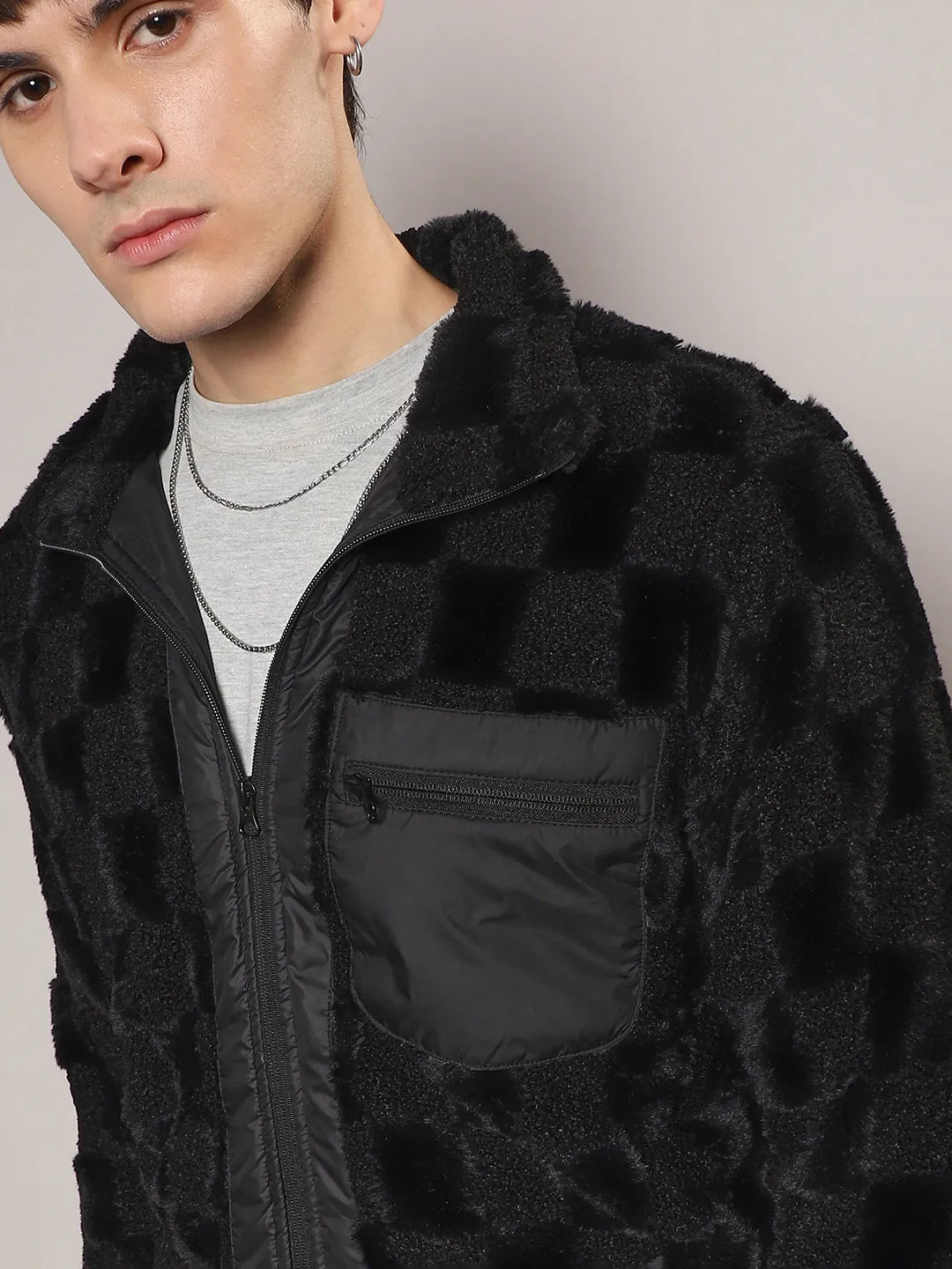 Fleece Buffalo Check Puffer Jacket