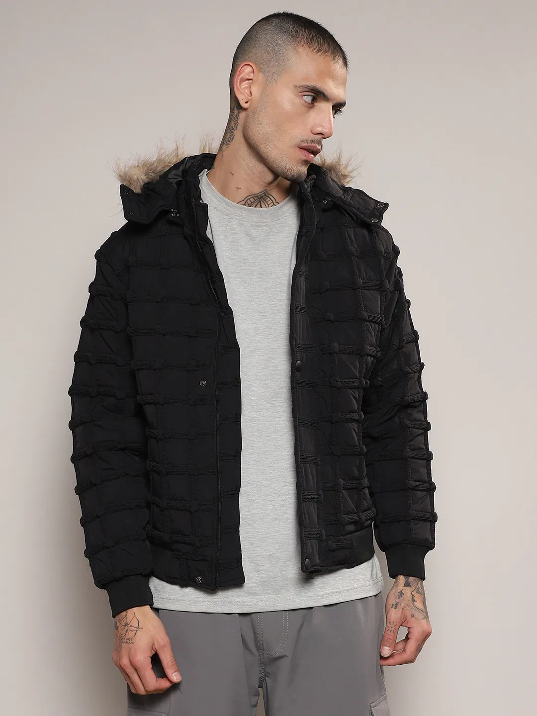 Self Design Puffer Jacket With Fleece Hood