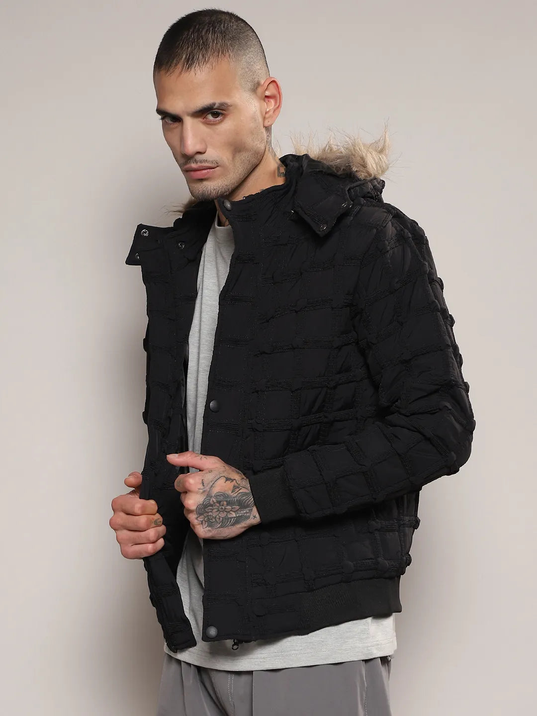 Self-Design Puffer Jacket With Fleece Hood