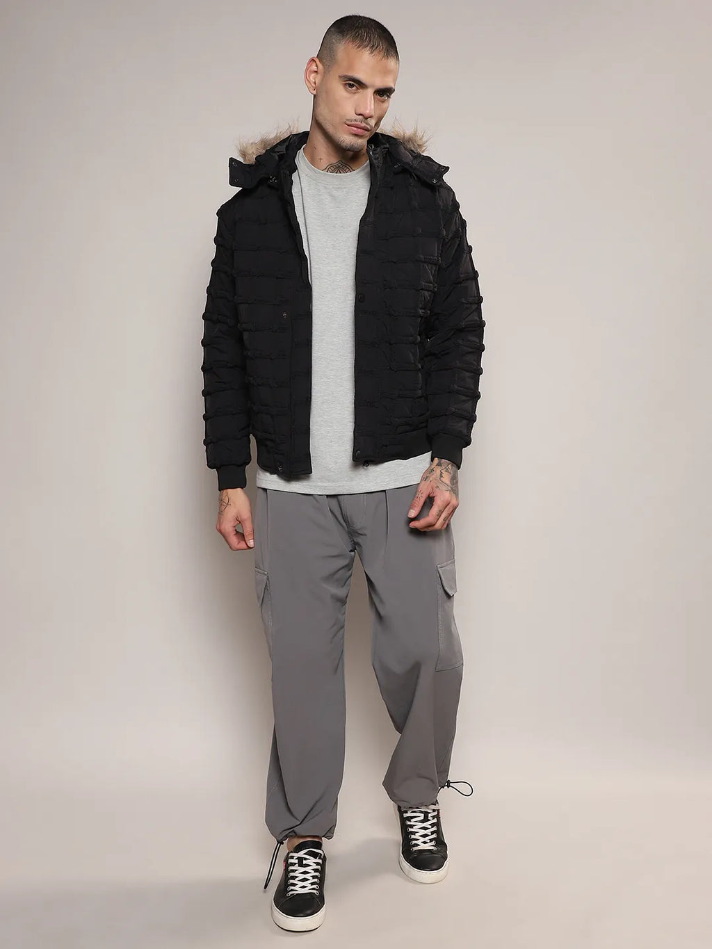 Self-Design Puffer Jacket With Fleece Hood