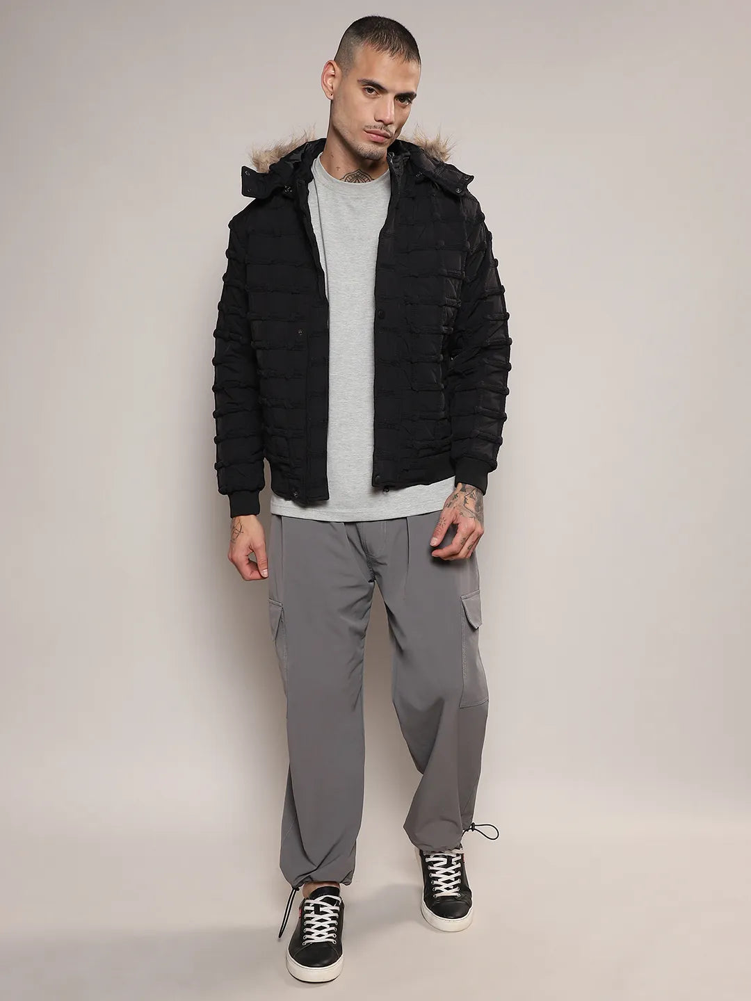 Self-Design Puffer Jacket With Fleece Hood
