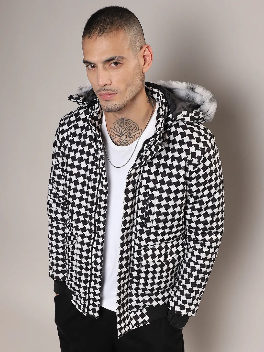 Checkboard Puffer Jacket With Fleece Hood