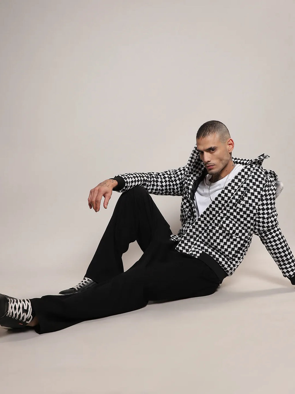 Checkboard Puffer Jacket With Fleece Hood