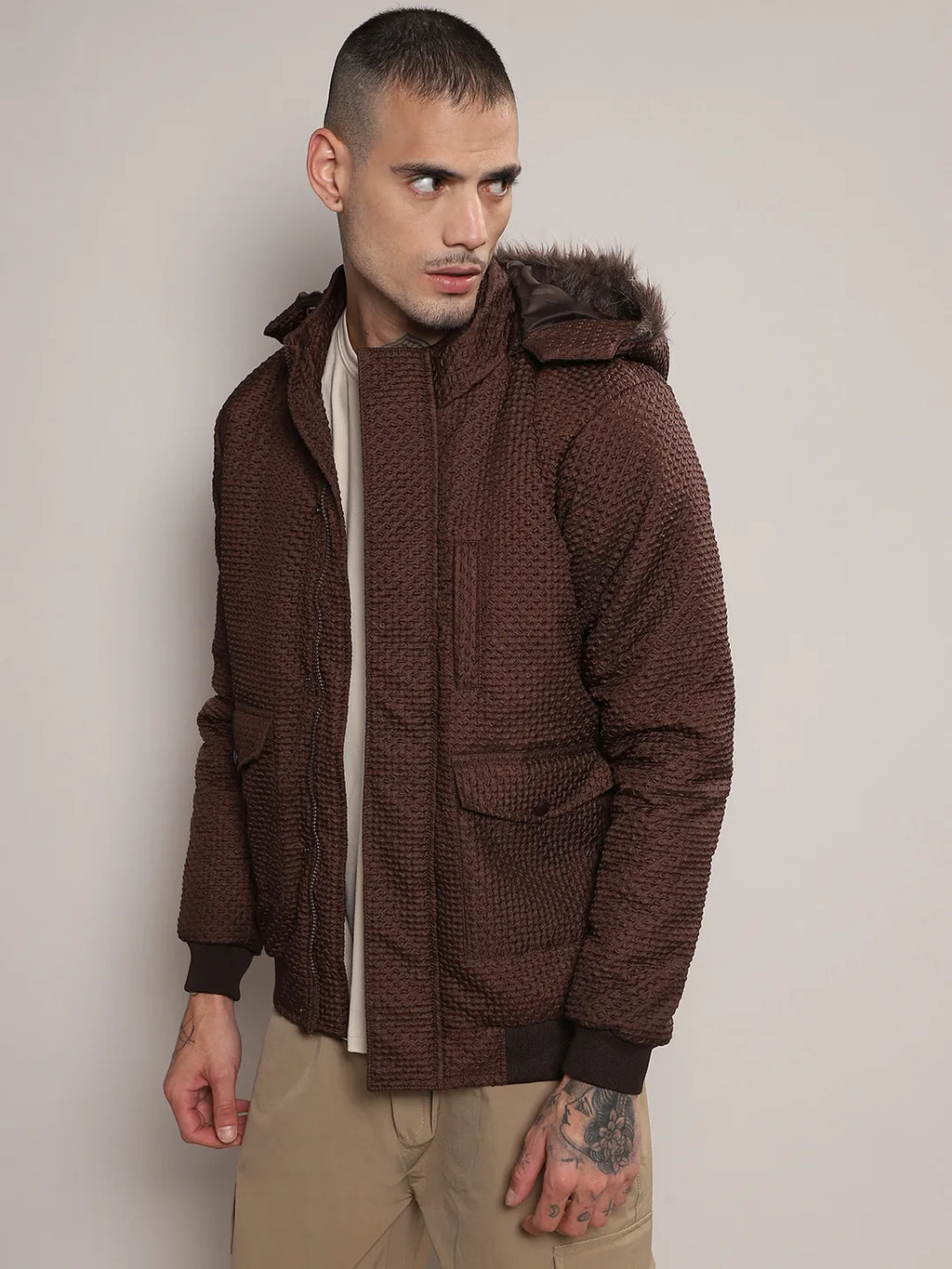 Self-Design Diamond Puffer Jacket With Fleece Hood