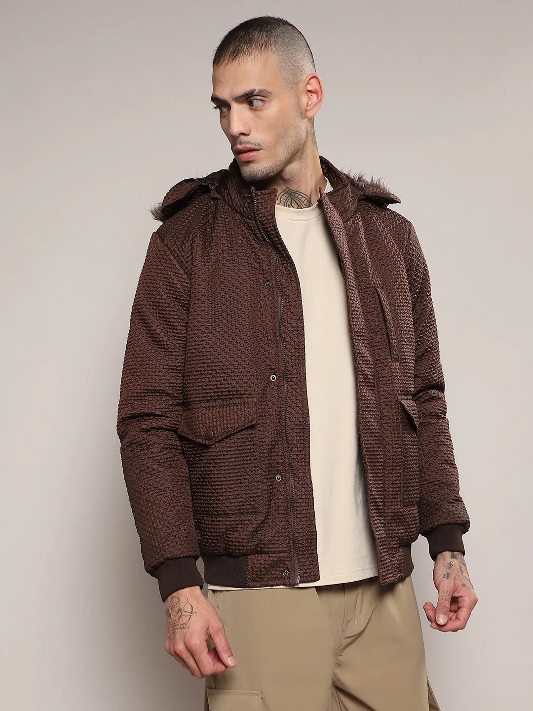 Self-Design Diamond Puffer Jacket With Fleece Hood