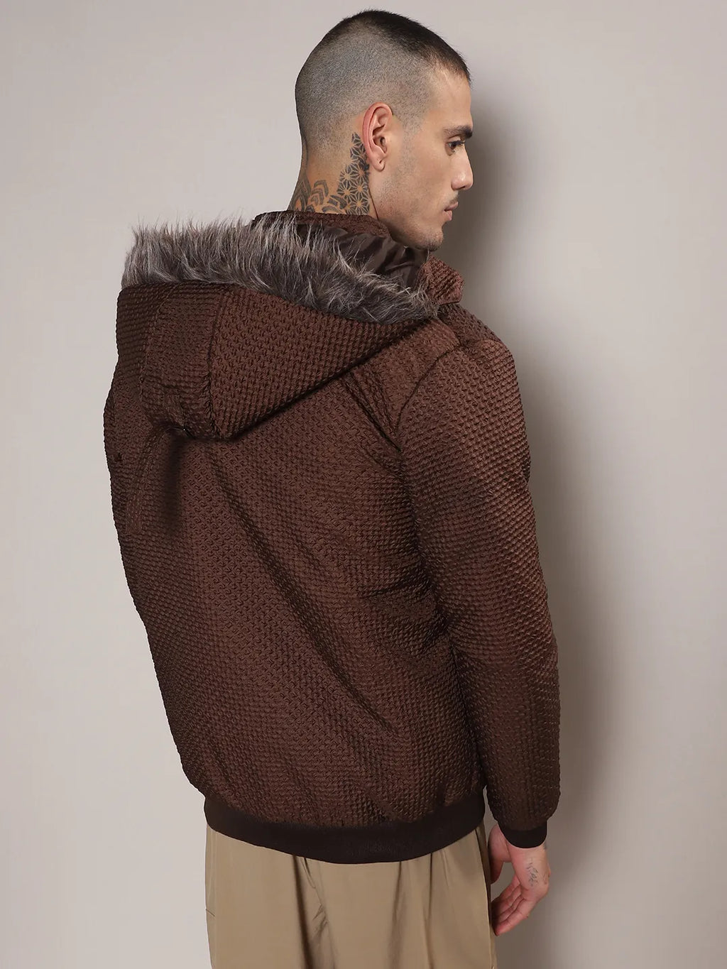 Self-Design Diamond Puffer Jacket With Fleece Hood