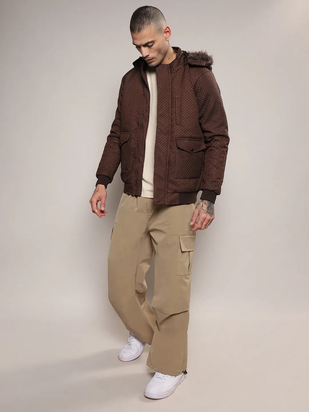 Self-Design Diamond Puffer Jacket With Fleece Hood