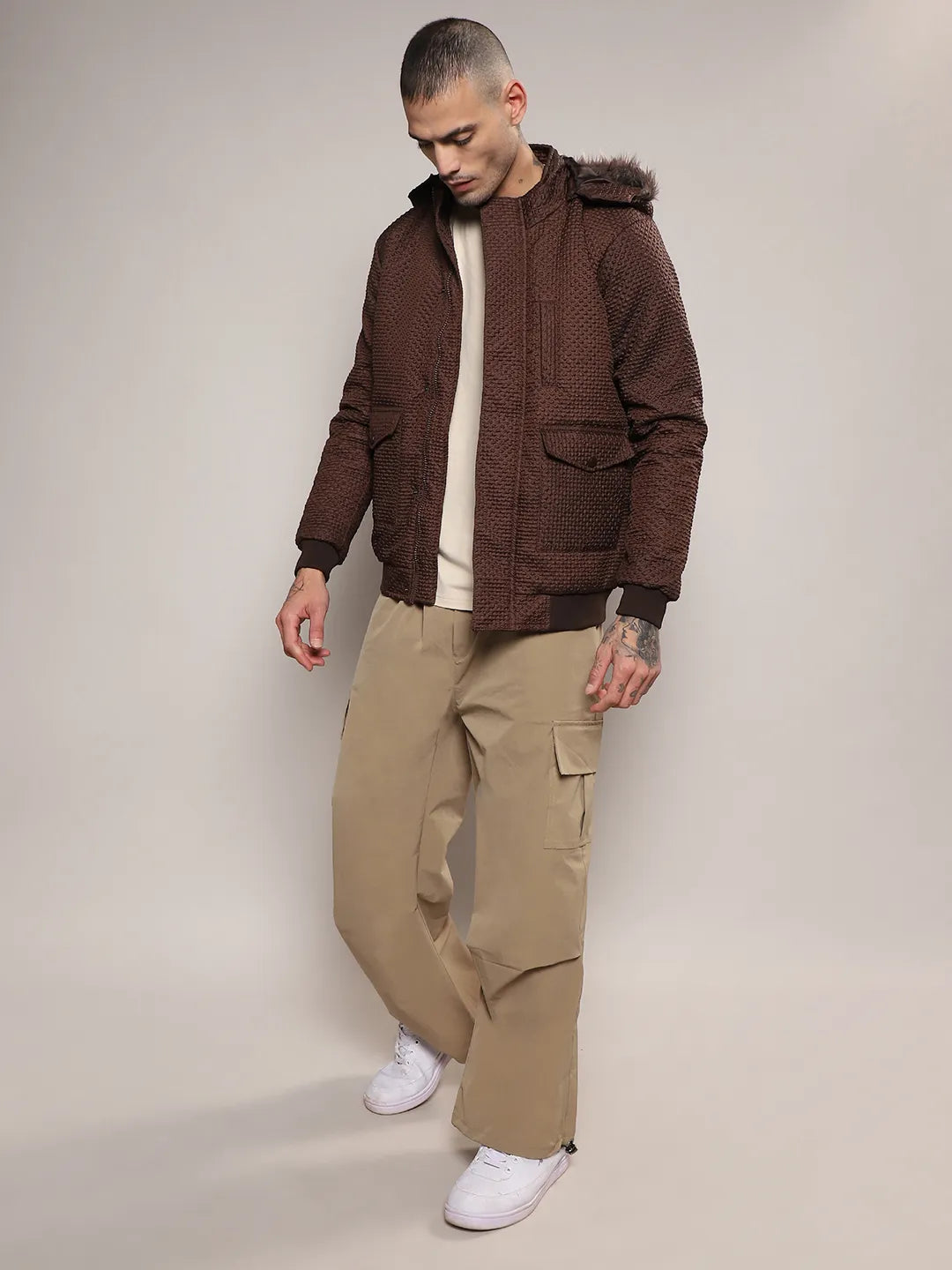 Self-Design Diamond Puffer Jacket With Fleece Hood