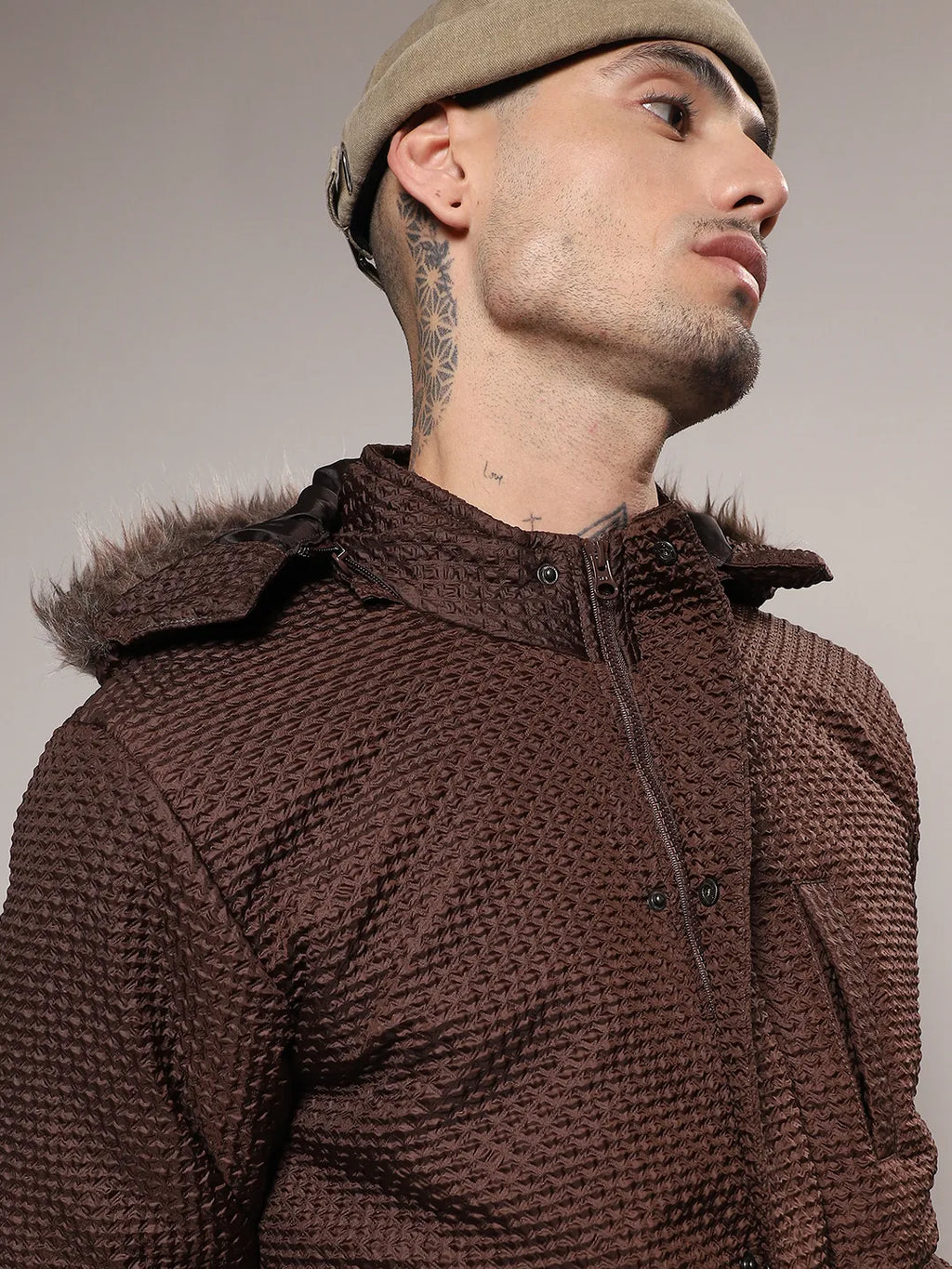 Self-Design Diamond Puffer Jacket With Fleece Hood