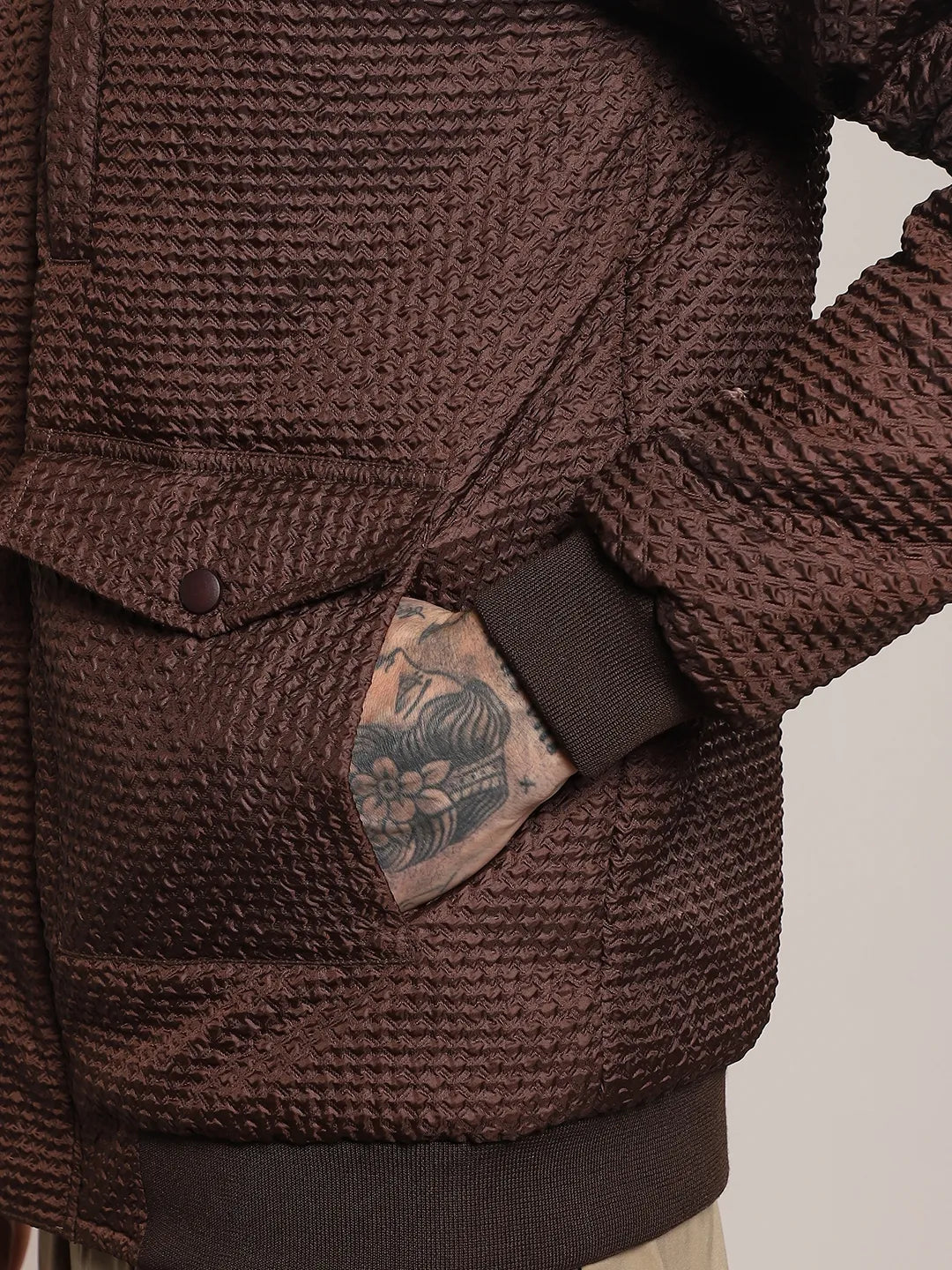 Men Chocolate Brown Self-Design Diamond Puffer Jacket With Fleece Hood