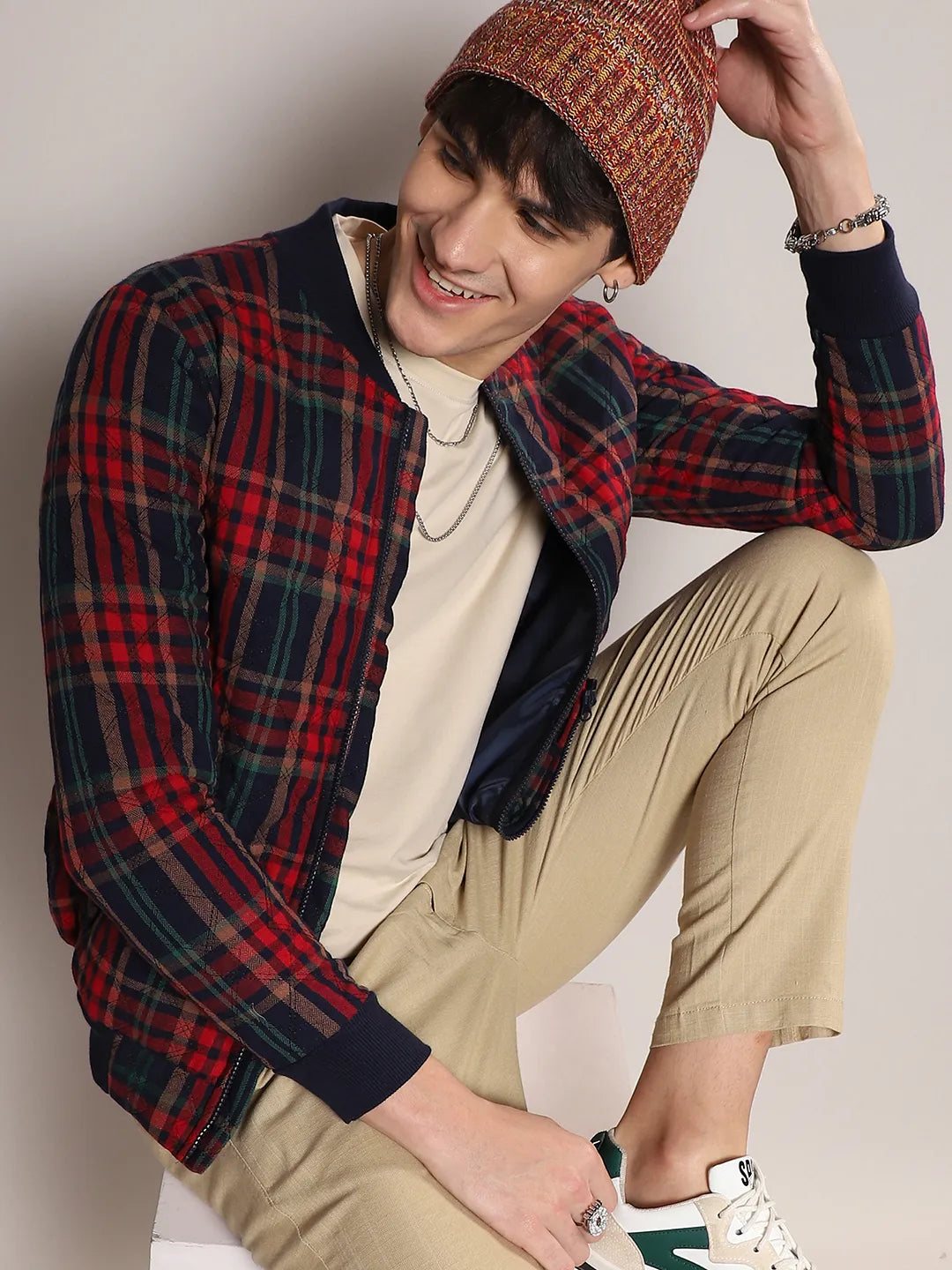 Beanie Bomber Jacket With Long Shirt Tartan Plaid Bomber Jacket L