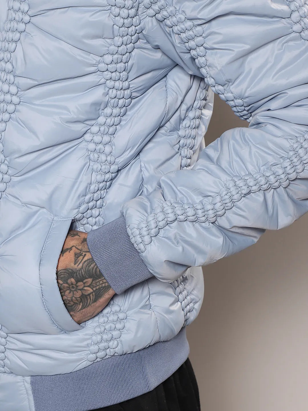 Men Icy Blue Braided Crease Puffer Jacket