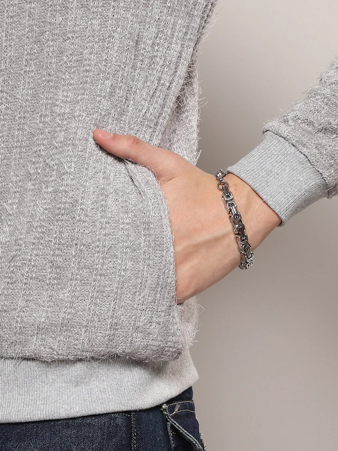 Men Light Grey Self-Design Striped Sweater