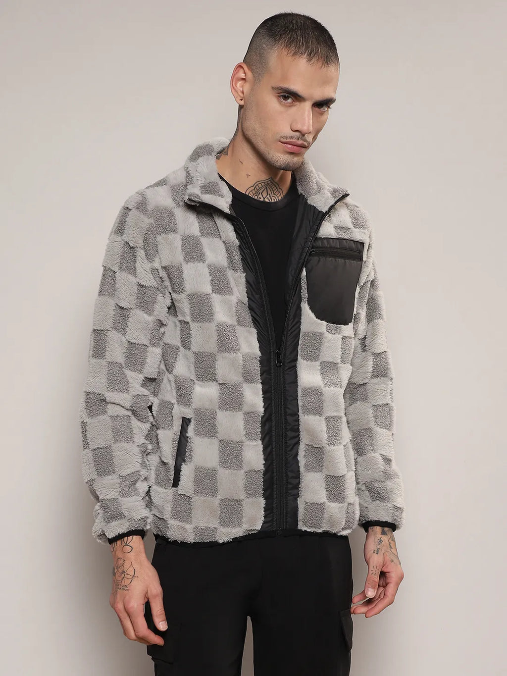 Fleece Buffalo Check Puffer Jacket