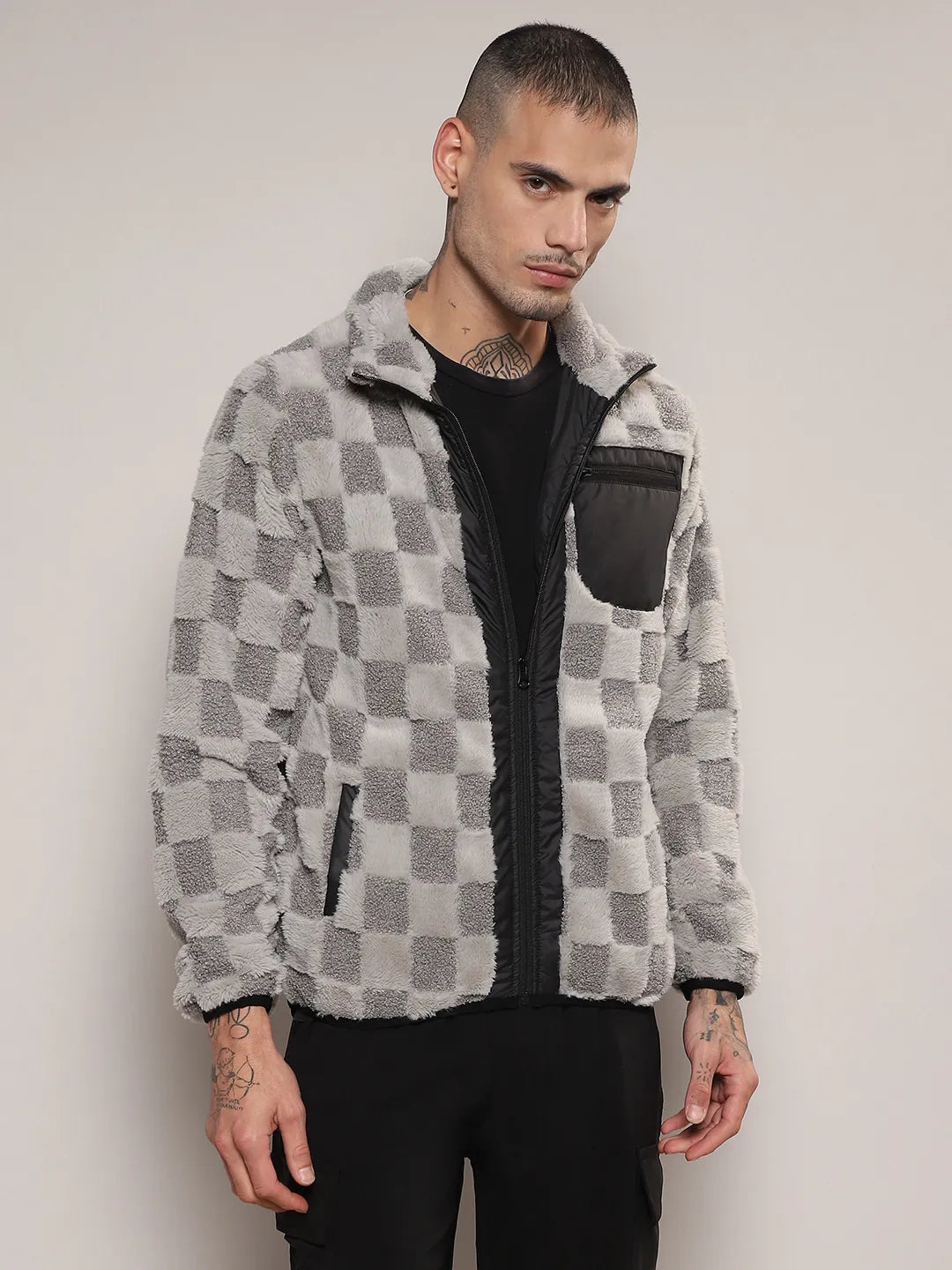 Fleece Buffalo Check Puffer Jacket