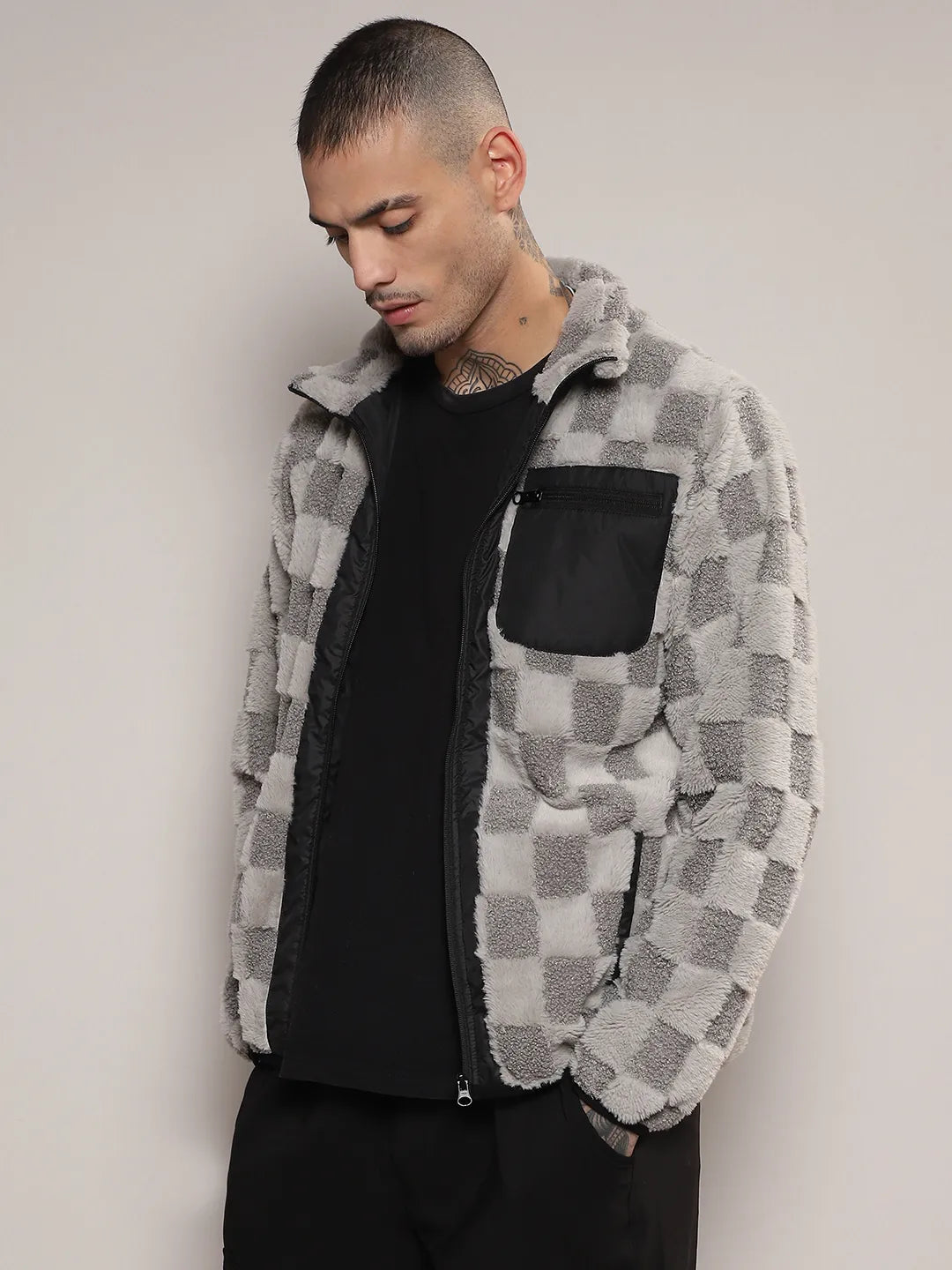 Fleece Buffalo Check Puffer Jacket