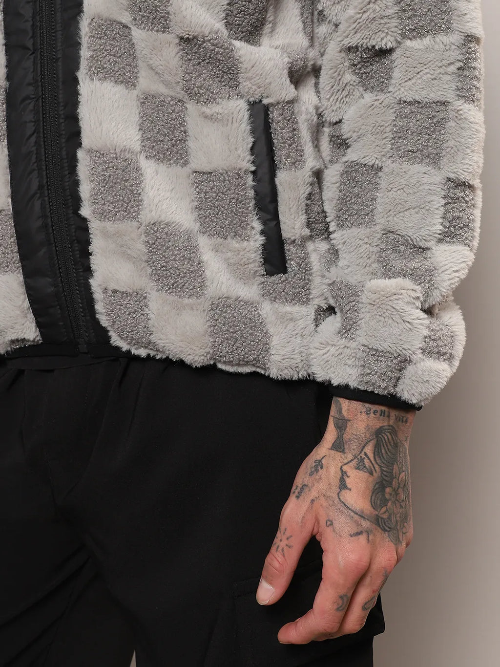 Men Moon Grey Fleece Buffalo Check Puffer Jacket