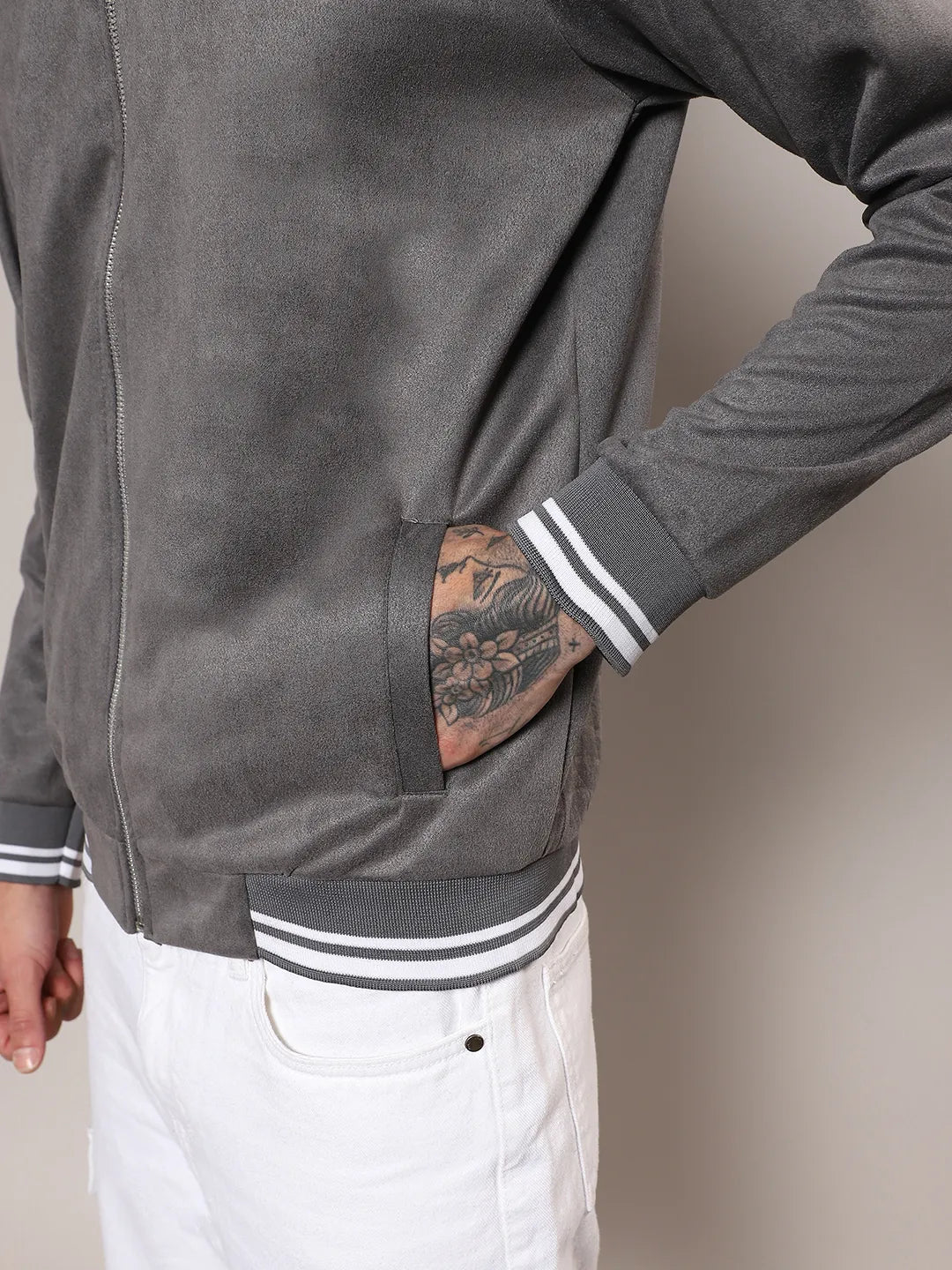 Men Moon Grey Zip-Front Baseball Jacket