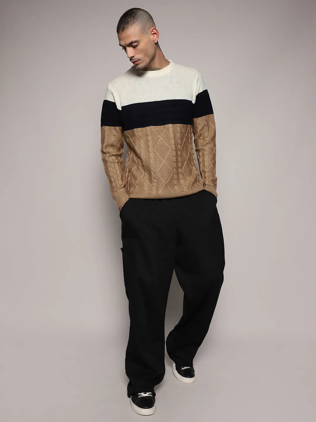 Contrast Panel Cable Knit Sweater