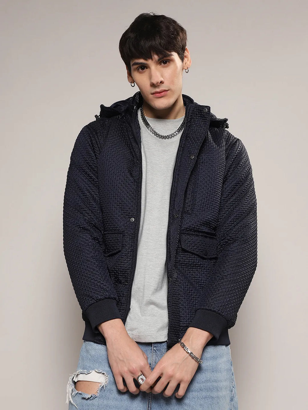 Self-Design Diamond Puffer Jacket With Fleece Hood