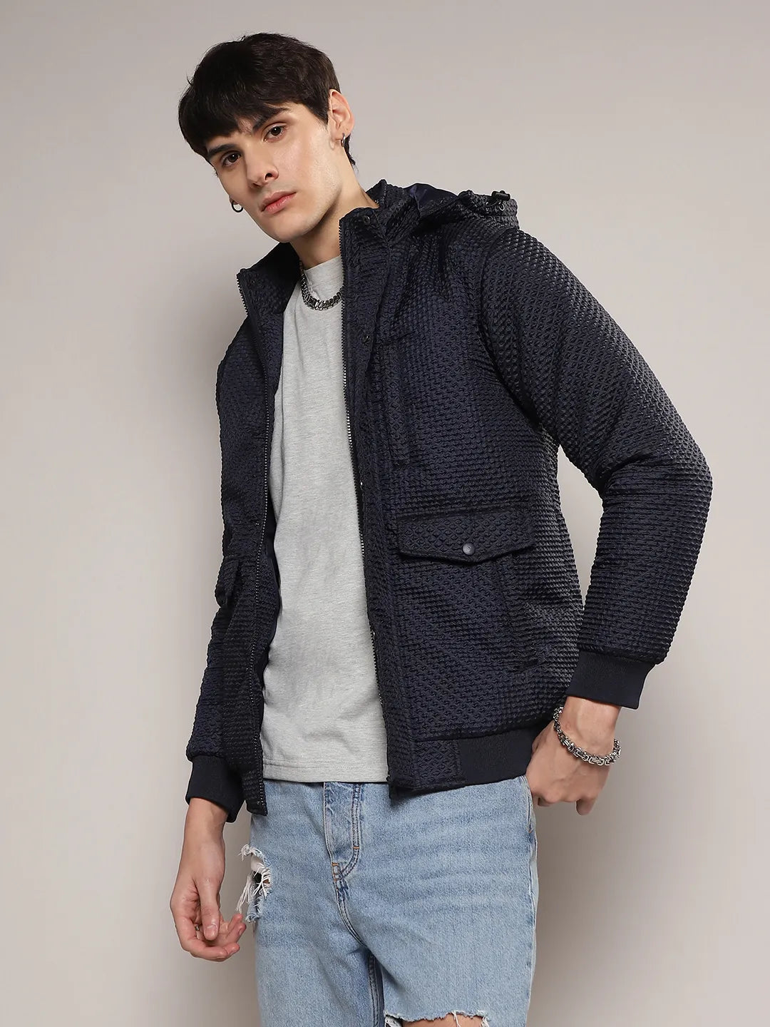 Self-Design Diamond Puffer Jacket With Fleece Hood