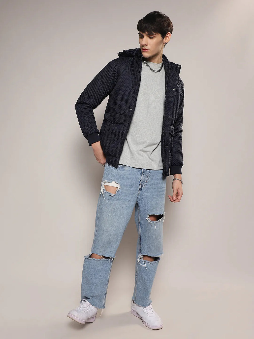 Self-Design Diamond Puffer Jacket With Fleece Hood