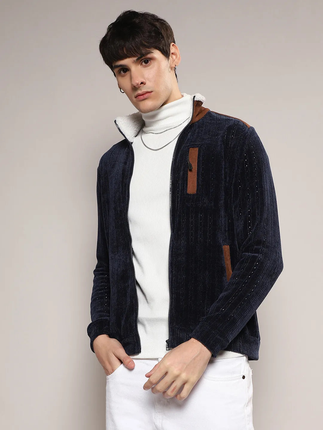 ₹1,379 Campus Sutra Men's Navy Blue Zip-Front Cable Knit Jacket