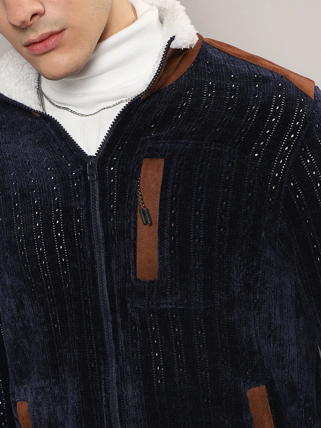 Men Navy Blue Zip-Front Cable Knit Sweater