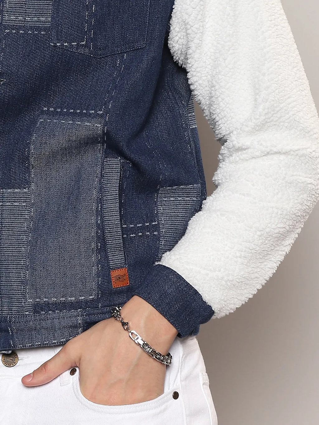 Men Navy Blue and Chalk White Fleece Block Denim Jacket