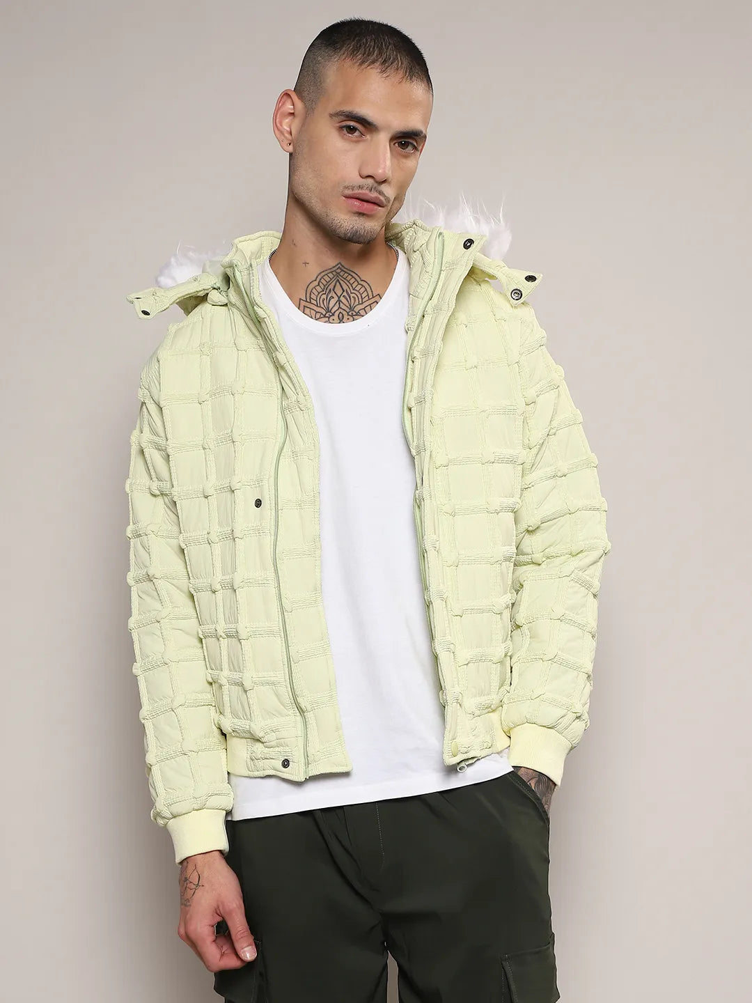 Self-Design Puffer Jacket With Fleece Hood