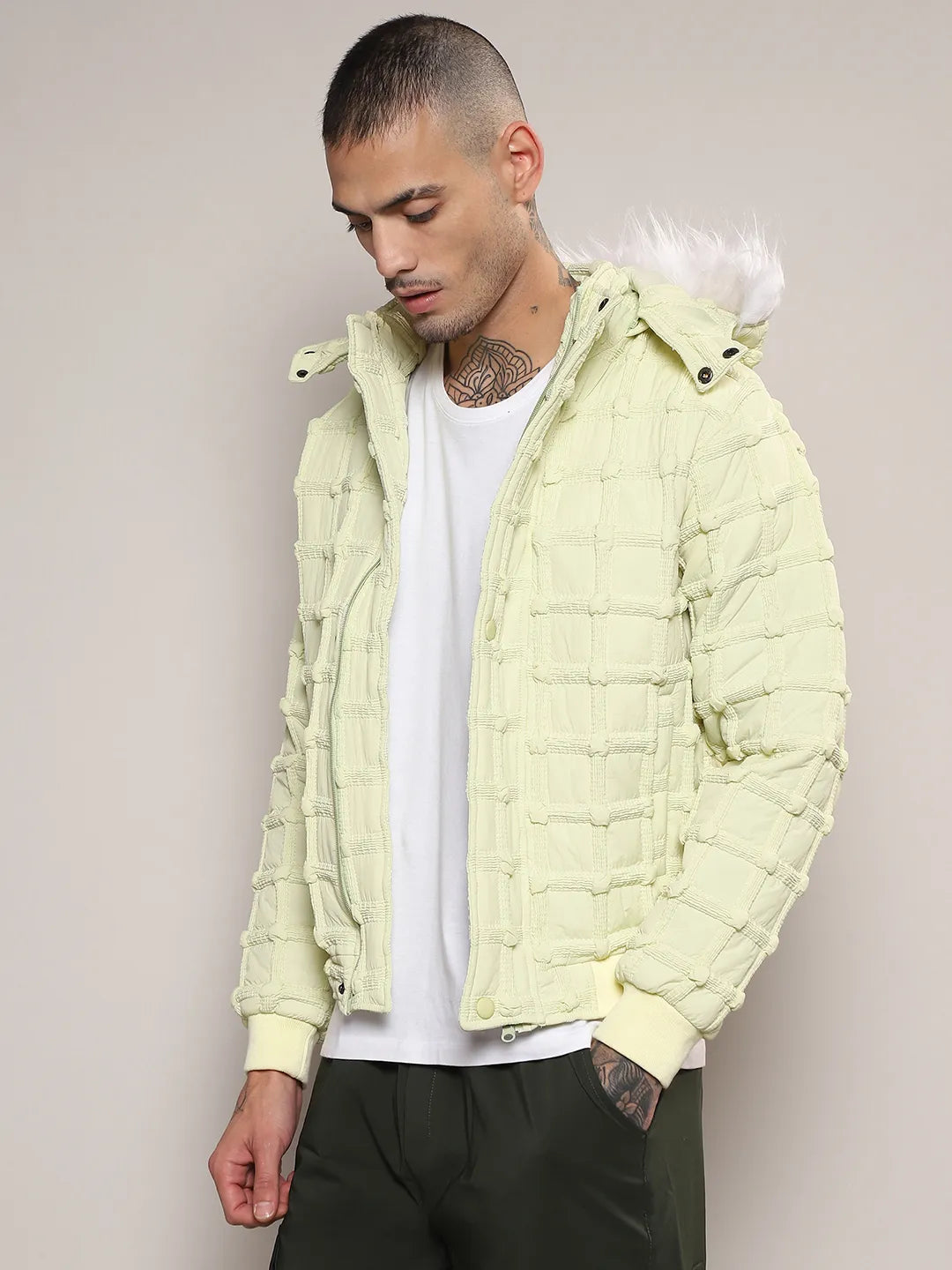 Self-Design Puffer Jacket With Fleece Hood