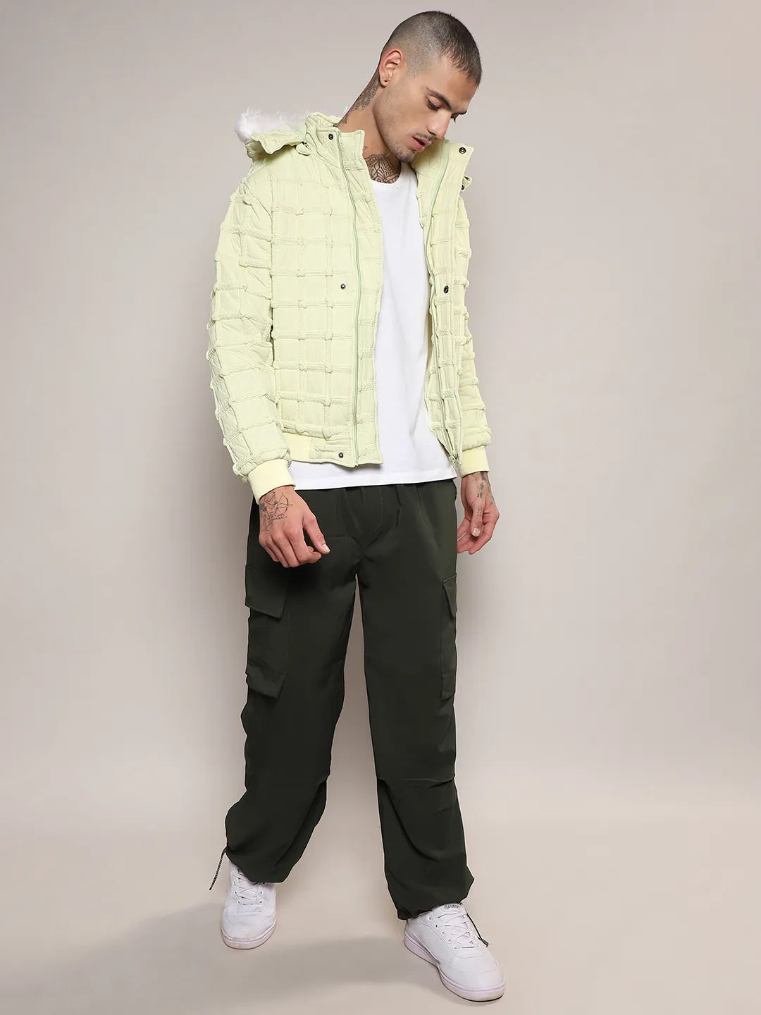 Self-Design Puffer Jacket With Fleece Hood