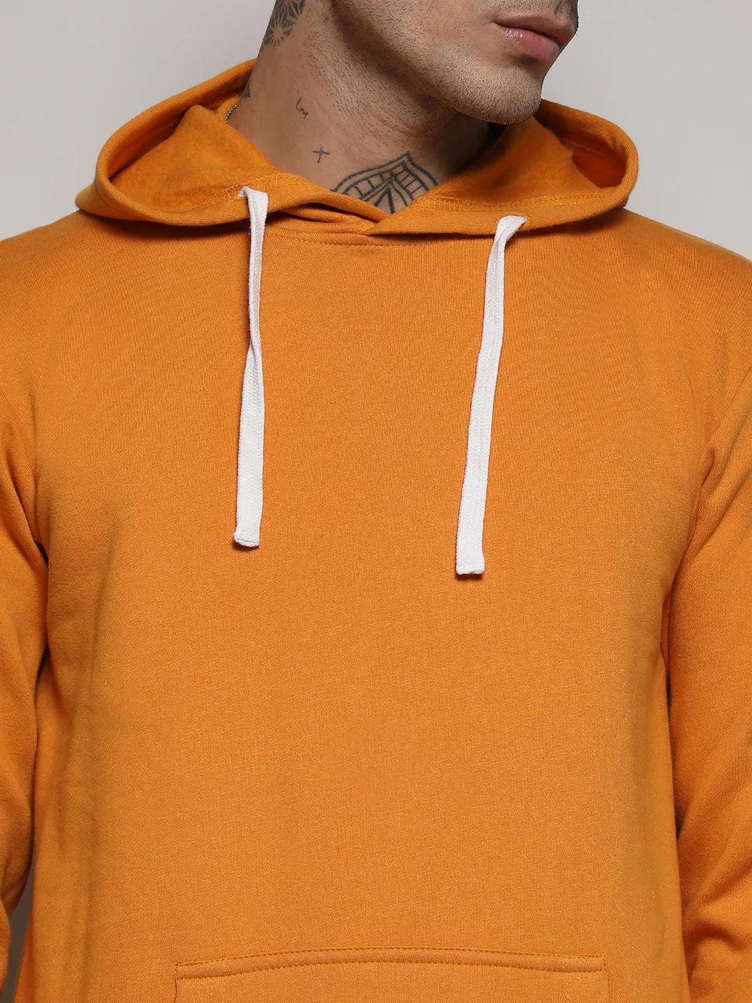 Mustard Yellow Pullover Hoodie With Contrast Drawstring
