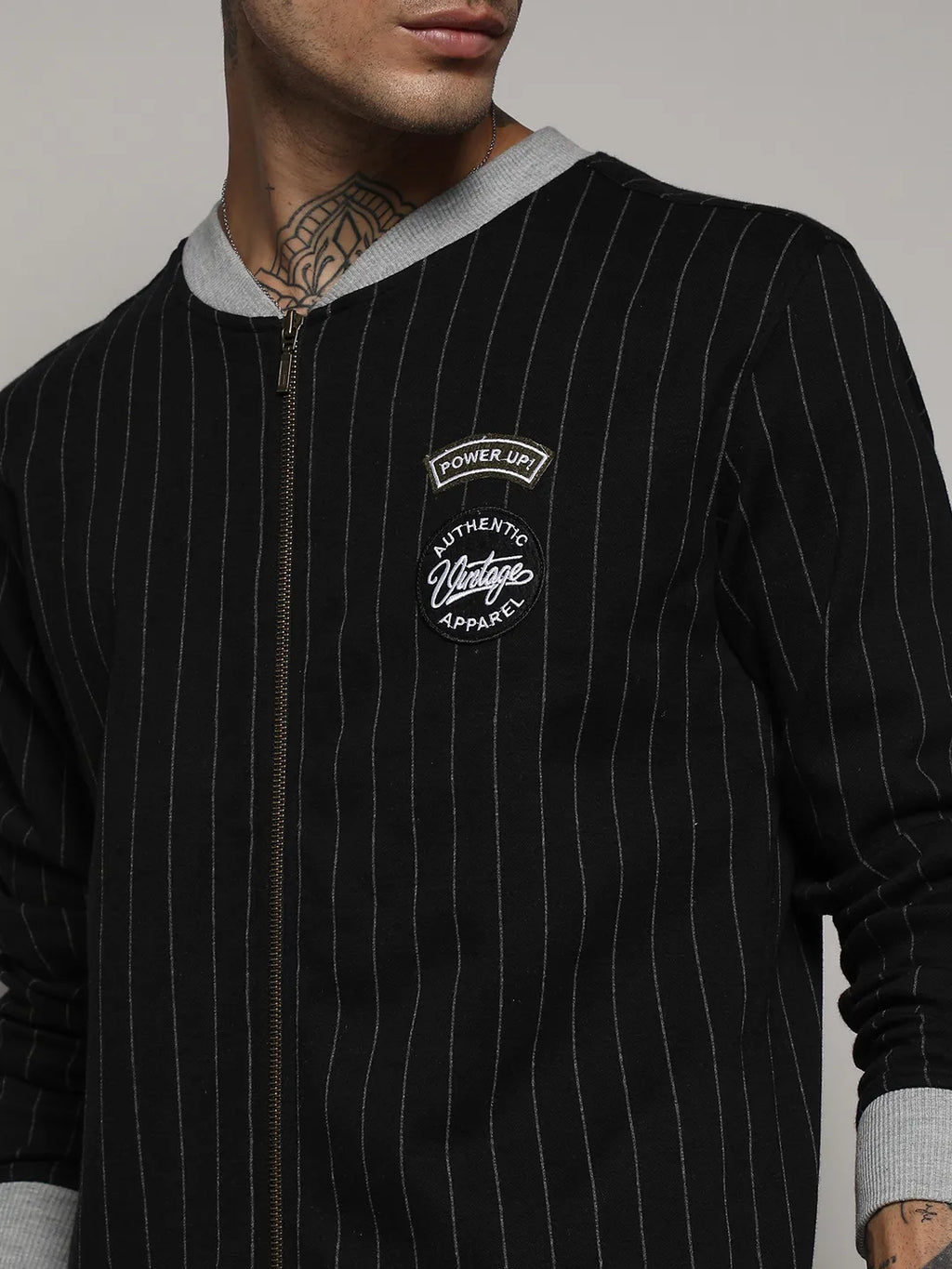 Navy Blue Pinstriped Jacket With Contrast Hem