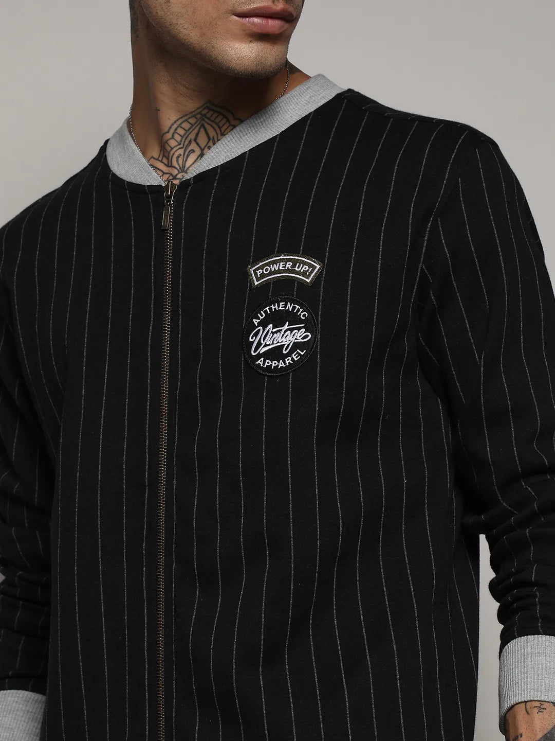 Navy Blue Pinstriped Jacket With Contrast Hem