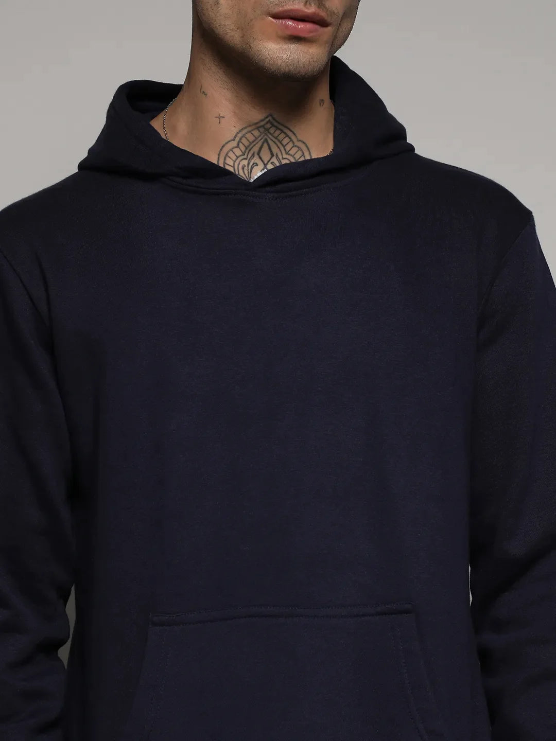 Navy Blue Pullover Hoodie With Contrast Drawstring