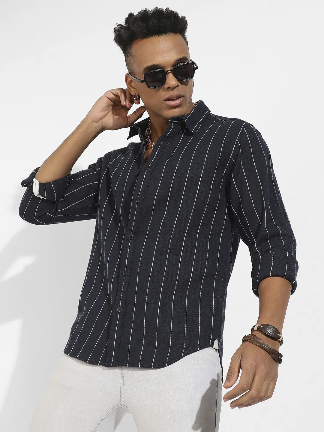 799 | Campus Sutra Men's Navy Blue Shadow Striped Shirt - Campussutra 799 | Campus Sutra Men's Navy Blue Shadow Striped Shirt - Campussutra