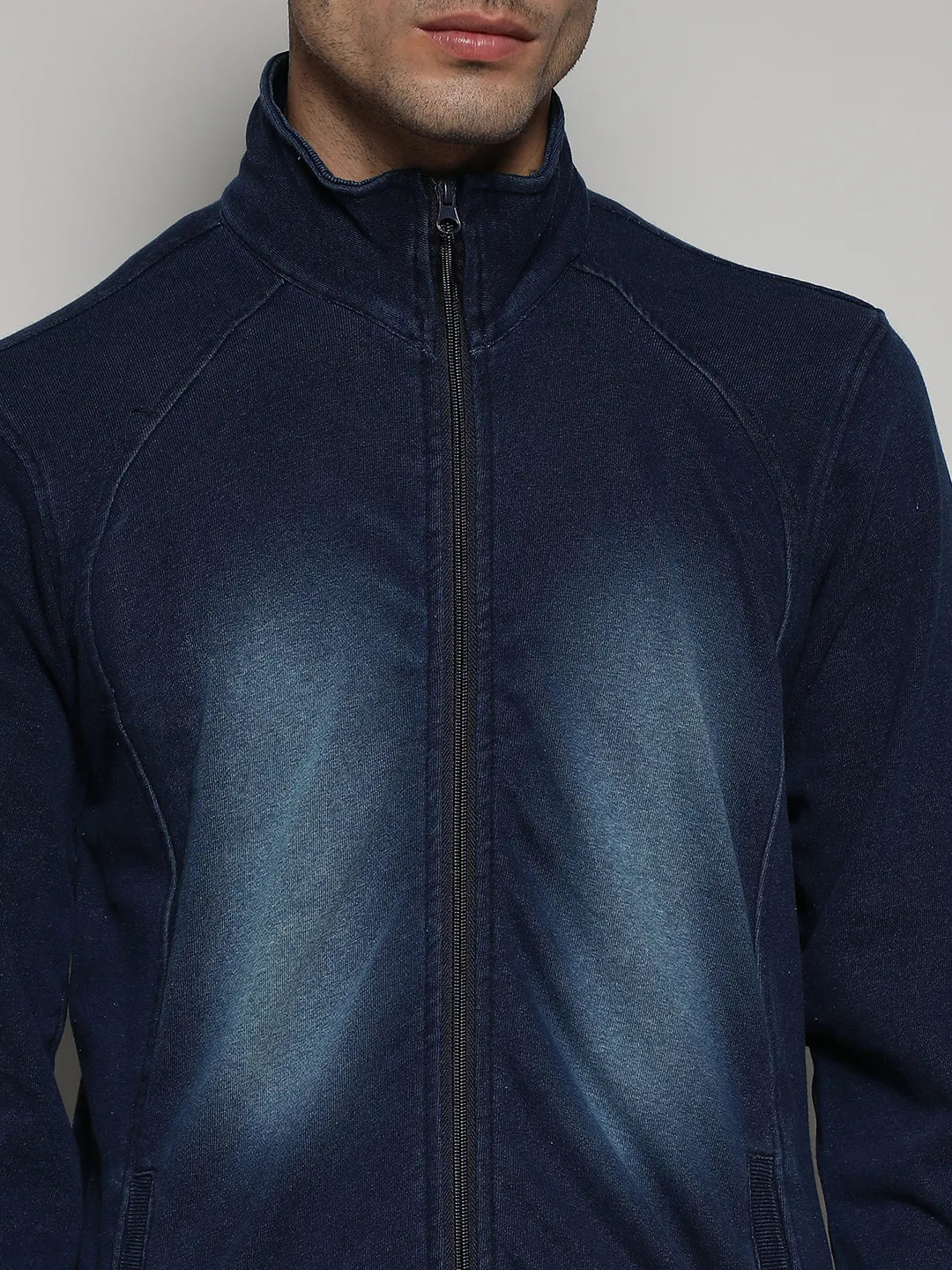 Navy Blue Zip-Front Dark-Wash Denim Jacket