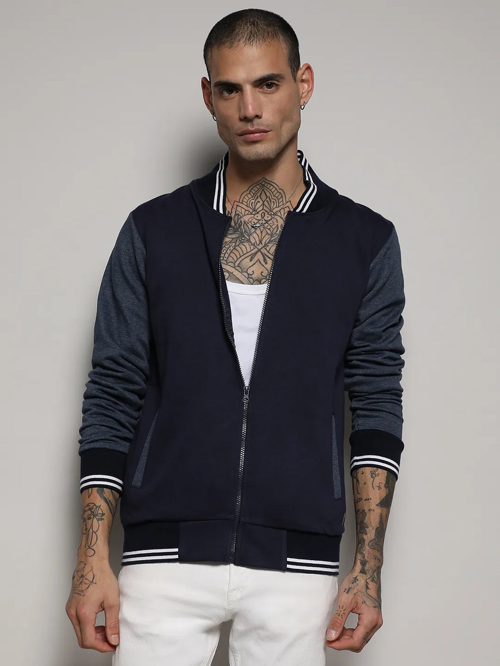 Zip-Front Jacket With Contrast Striped Hem XL - Main Image