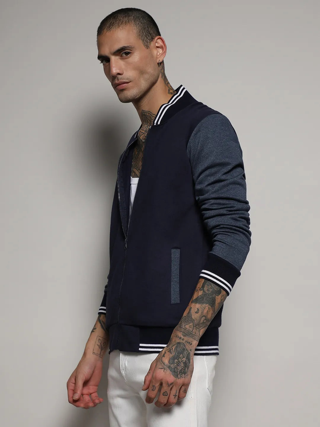 Zip-Front Jacket With Contrast Striped Hem