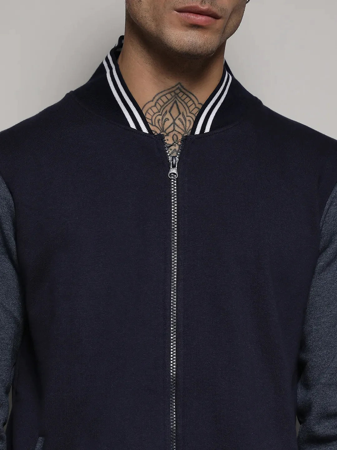 Navy Blue Zip-Front Jacket With Contrast Striped Hem